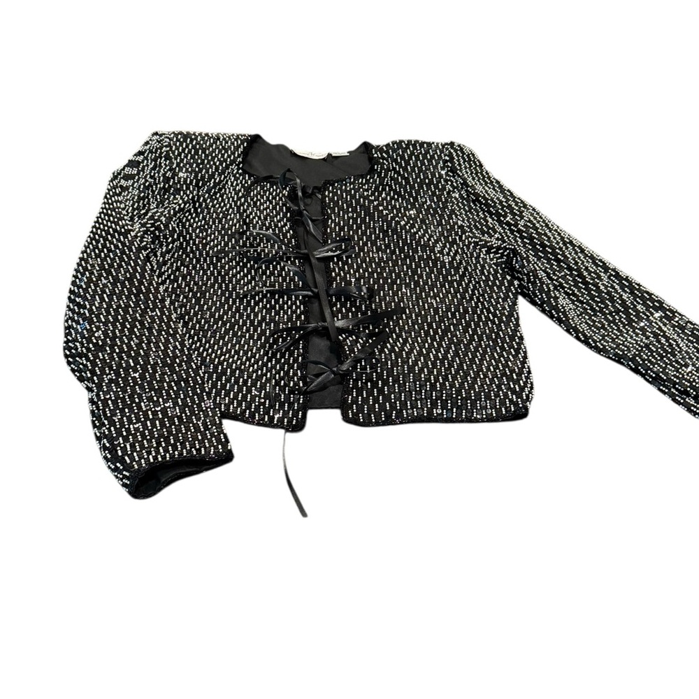 Laurence Kazar New York Beaded Silk Jacket Black Sequin Evening Crop Jacket L - Picture 5 of 8